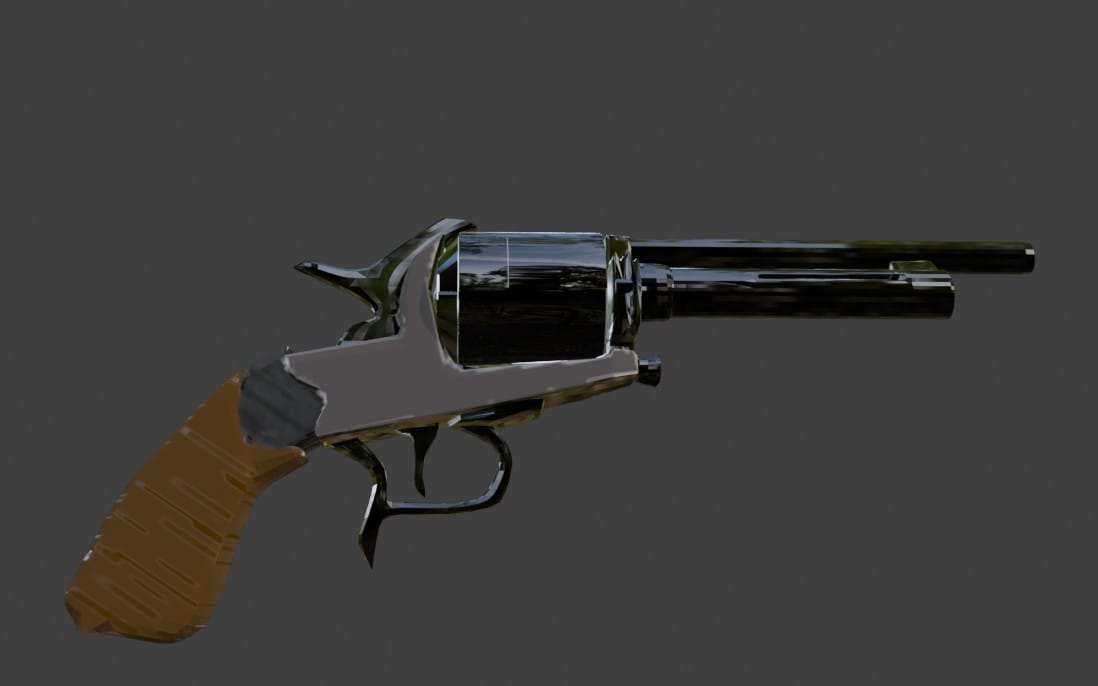3D rendered silver and black revolver pistol with wooden grip on a dark background