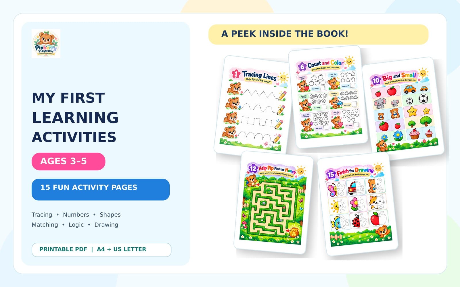 Preview of preschool learning activities printable PDF pages with tracing, counting, shapes, and big-small worksheets