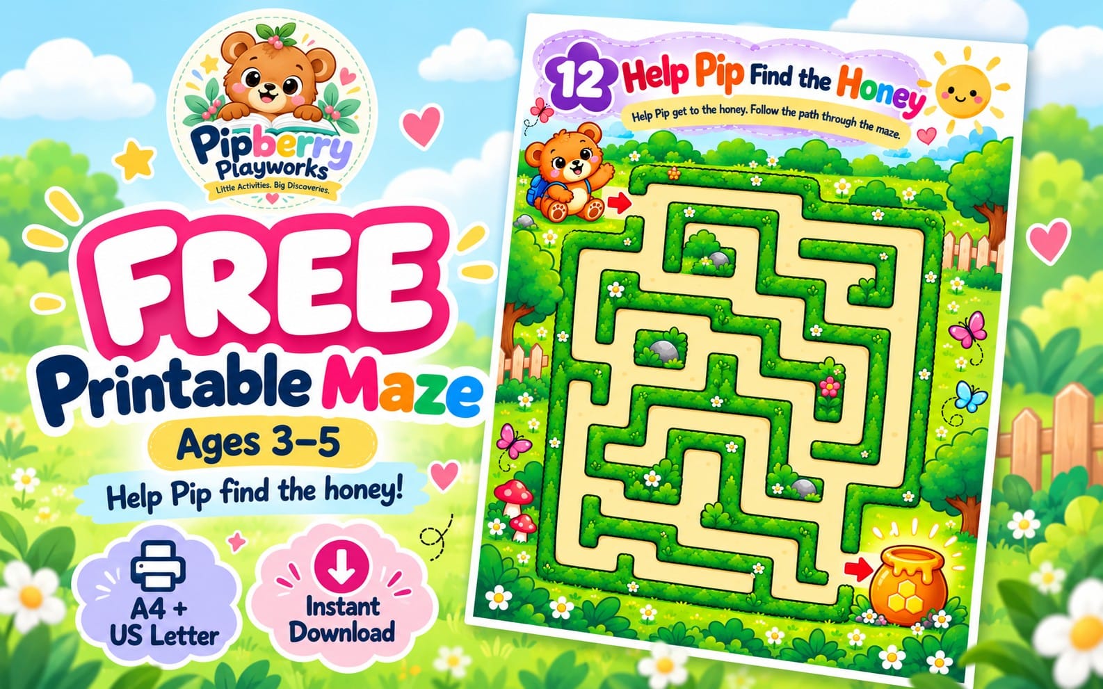 Printable kids maze PDF cover with bear and honey theme, Help Pip find the honey path through a garden maze