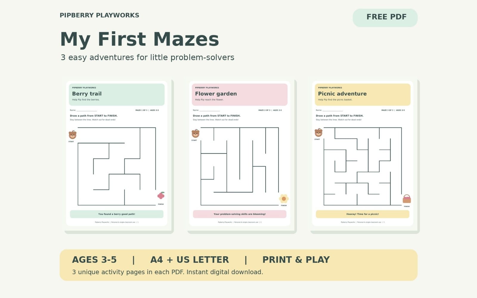 Three pastel preschool maze worksheets by Pipberry Playworks: Berry Trail, Flower Garden and Picnic Adventure. Free PDF for ages 3-5 in A4 and US Letter.