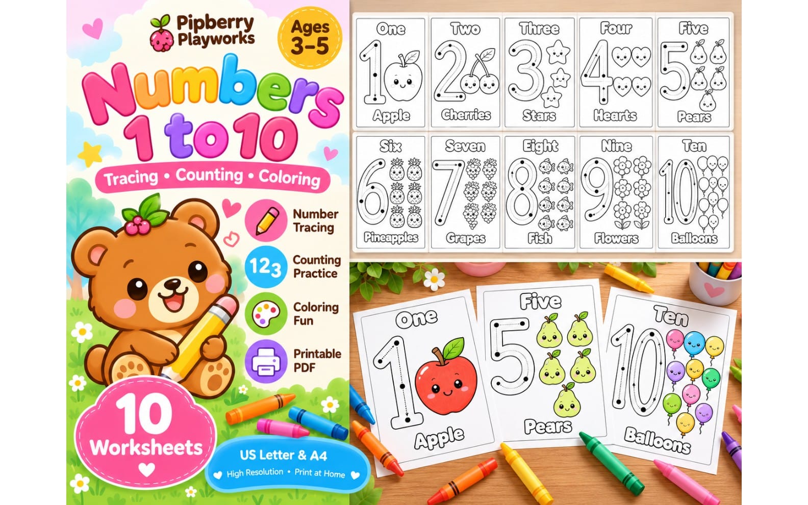 Kids printable PDF worksheet set for tracing numbers 1-10 with counting and coloring fruits and shapes