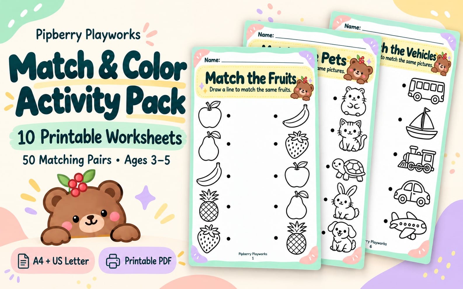 Preschool Match & Color printable worksheet pack with animal and vehicle line-drawing pages on a colorful cover