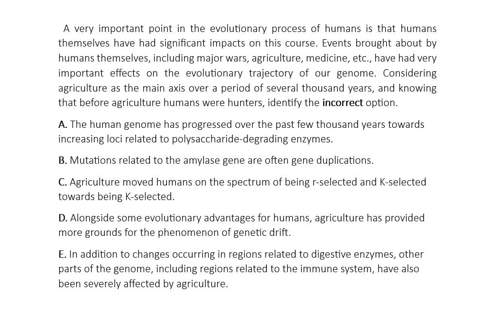Multiple-choice worksheet page for the digital education product Agriculture Evolution with text options A through E