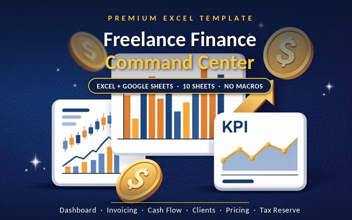Freelance Finance Command Center premium Excel dashboard banner with charts, KPI panel, and coins for freelancers