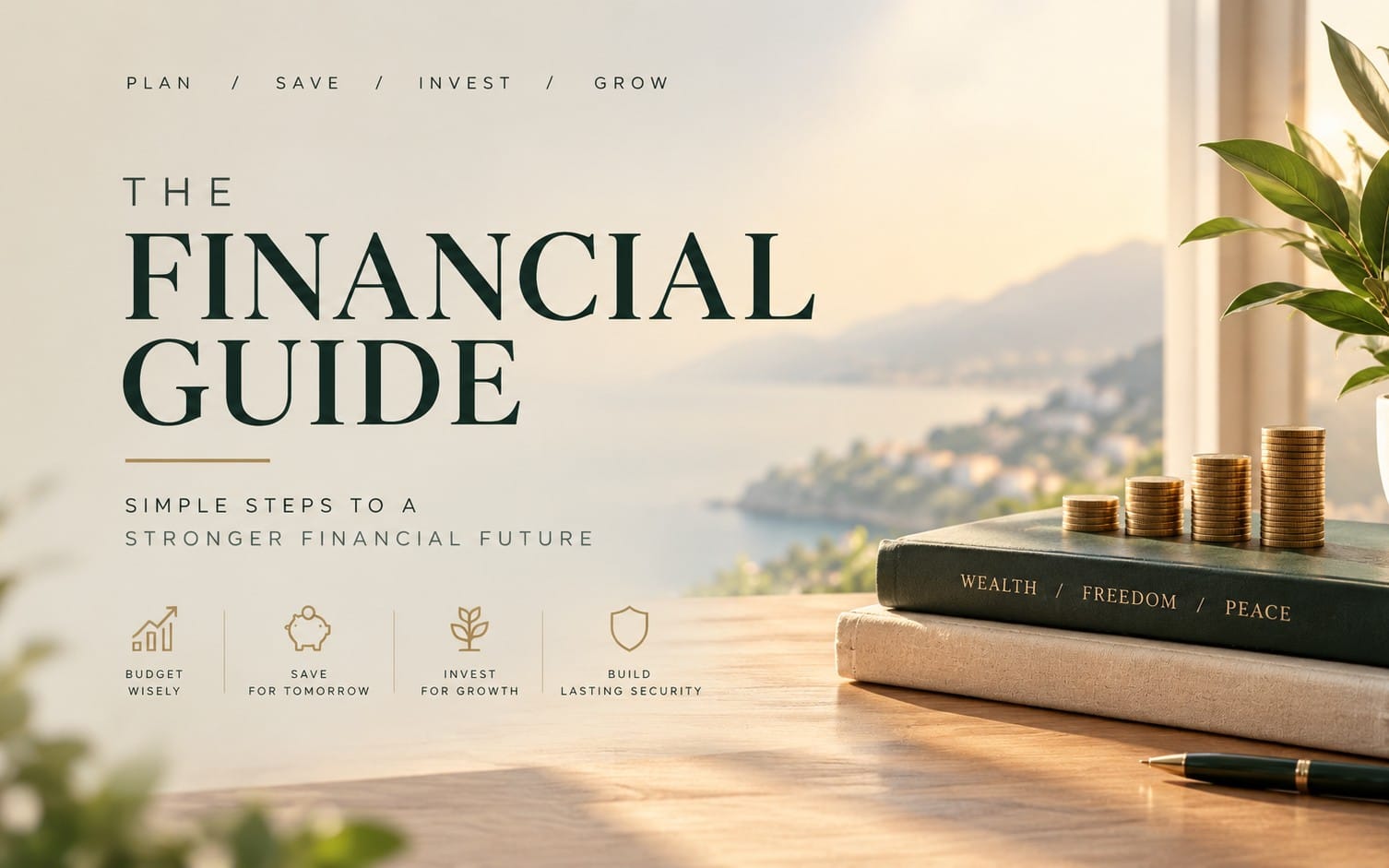 Financial freedom guide cover with text, books, gold coins, and office desk background landscape view
