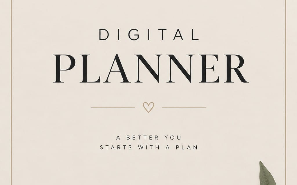 Digital ultimate life planner cover design with typographic title and minimalist heart icon on beige background