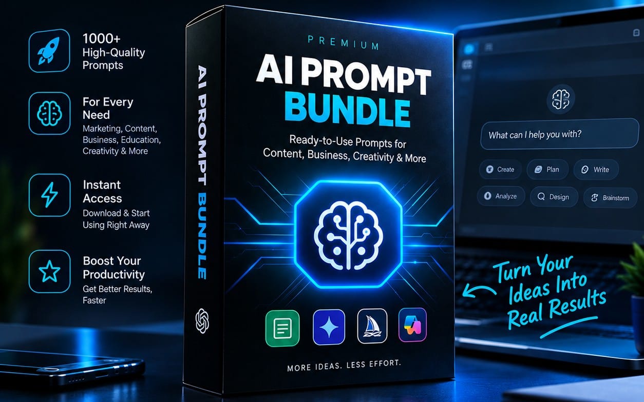 AI prompt bundle advertising marketing prompts product box with neon blue design and chat UI background