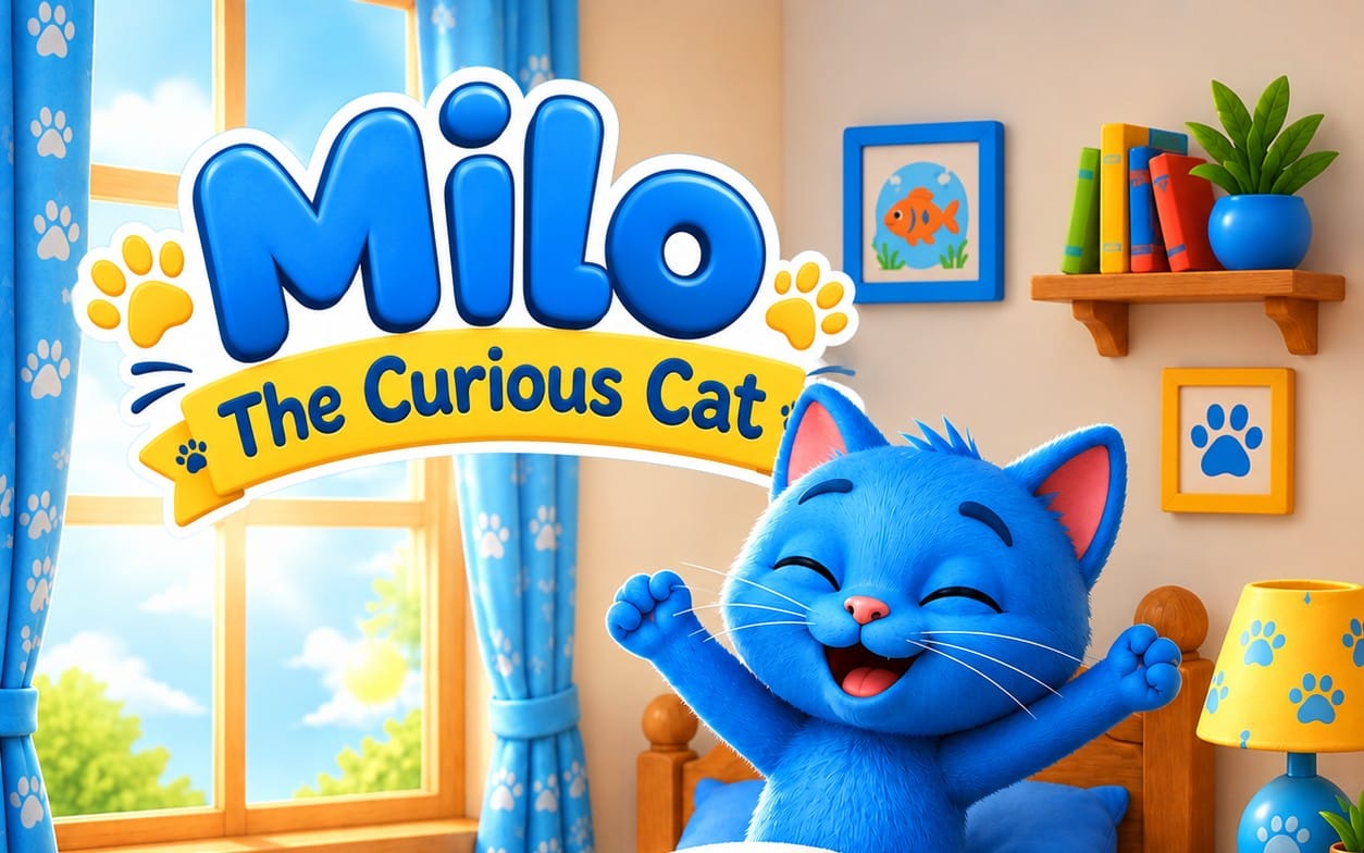 Colorful children’s book cover featuring Milo the curious blue cat and the title The Curious Cat indoors