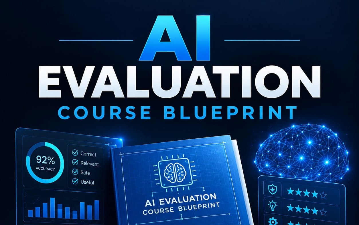 AI Evaluation Course Blueprint digital course cover with futuristic graphs, book cover, and glowing network globe