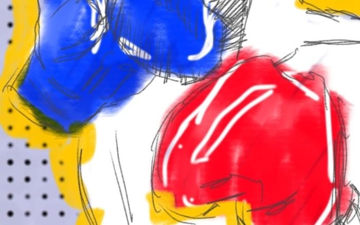 Colorful fighter sketch illustration with blue and red character figures and abstract graffiti background elements