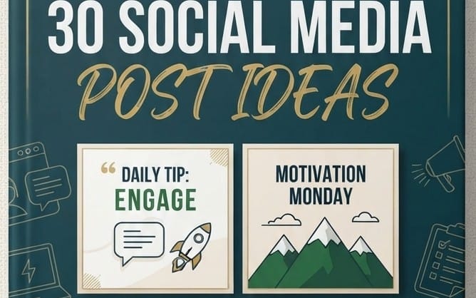 Cover graphic for a digital product with text 30 social media post ideas on a teal background