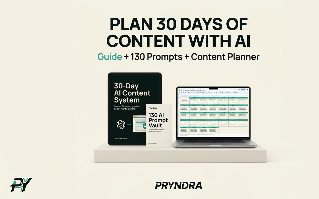Marketing graphic showing 30-day AI content system digital download with guide, prompt vault, and content planner