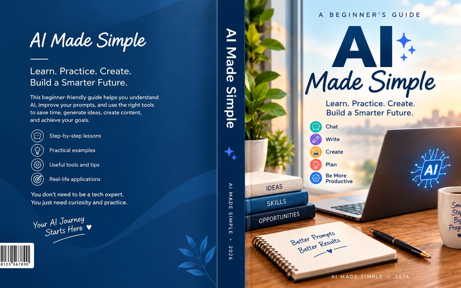 AI Made Simple beginner guide cover design with laptop, notebook, and “Learn Practice Create” text