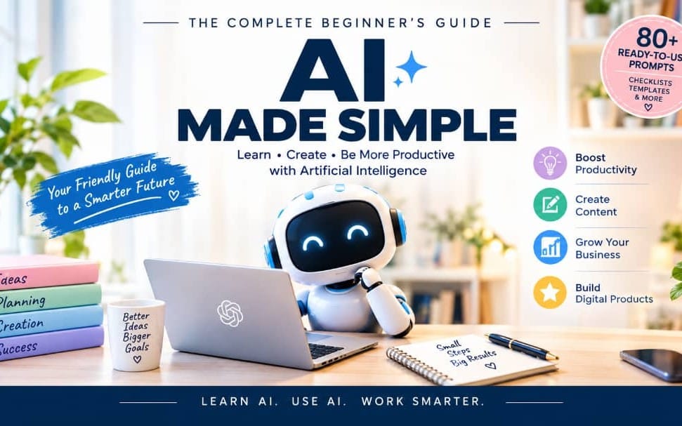 AI Made Simple beginner guide eBook cover with a friendly robot using a laptop and productivity icons