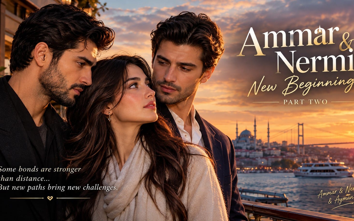 Promotional romance ebook cover featuring three characters on a waterfront at sunset with Turkish skyline text Ammar &