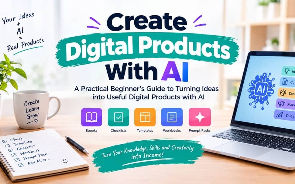 Promotional banner for an AI digital products guide with laptop, mug, notebook, and icons like ebooks and templates