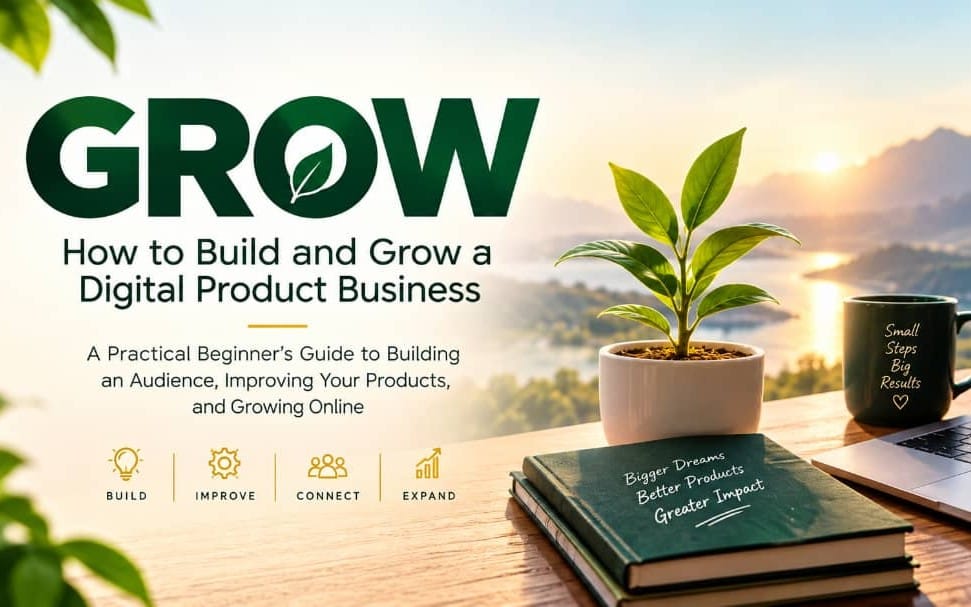 Digital product business ebook cover design with GROWe title, plant sprout on desk, and laptop and notebook at sunset