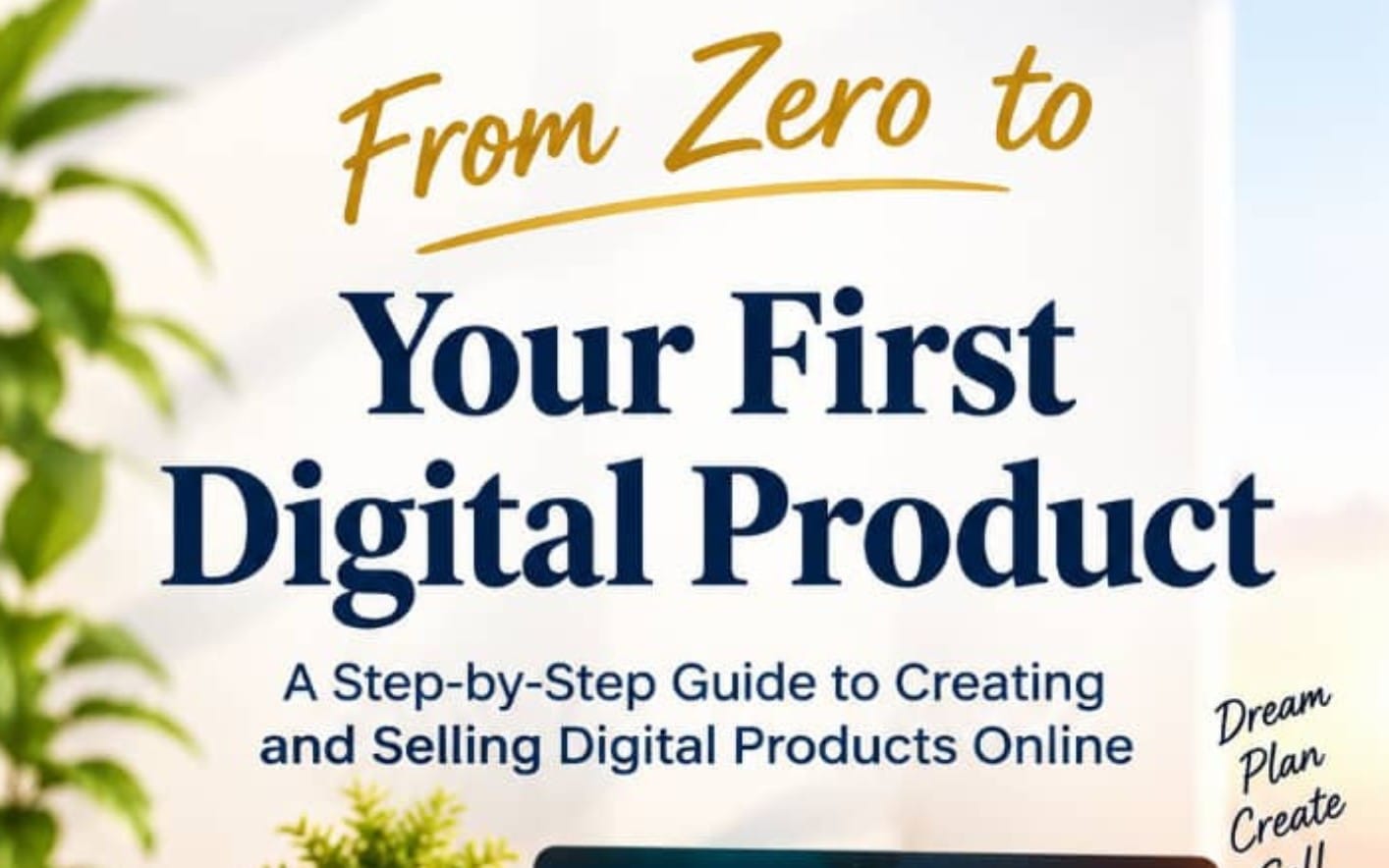 From Zero to Your First Digital Product ebook cover with motivational text and leafy background