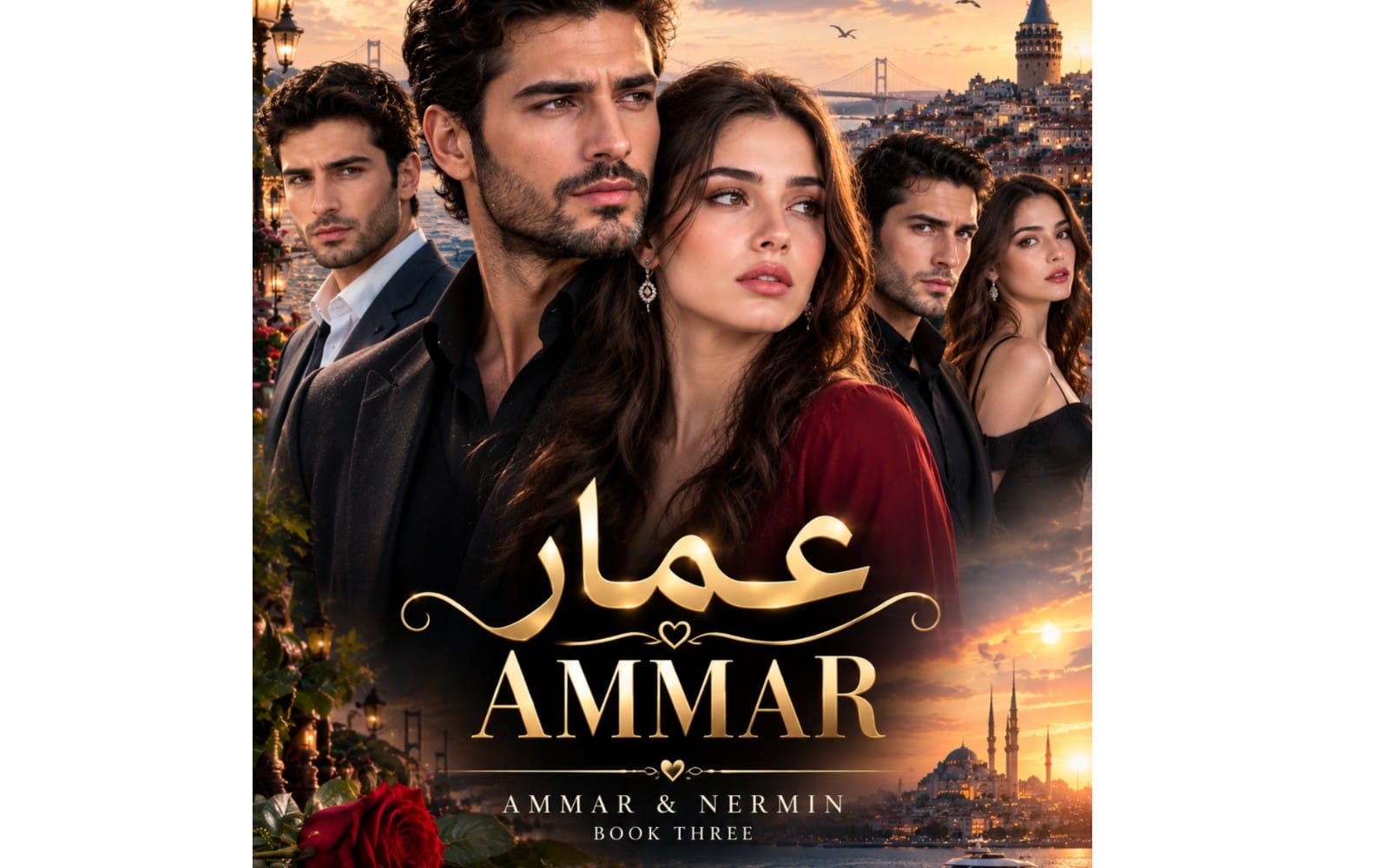 Romantic book cover featuring three people in period attire with golden Arabic title and Istanbul skyline at sunset
