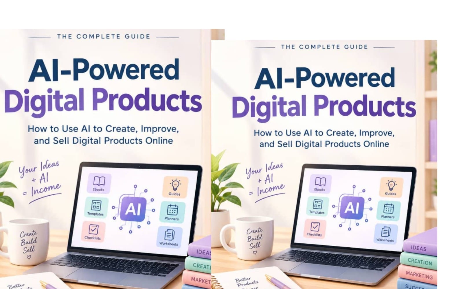 Side-by-side promotional covers for an AI-powered digital products guide with laptops and marketing decor