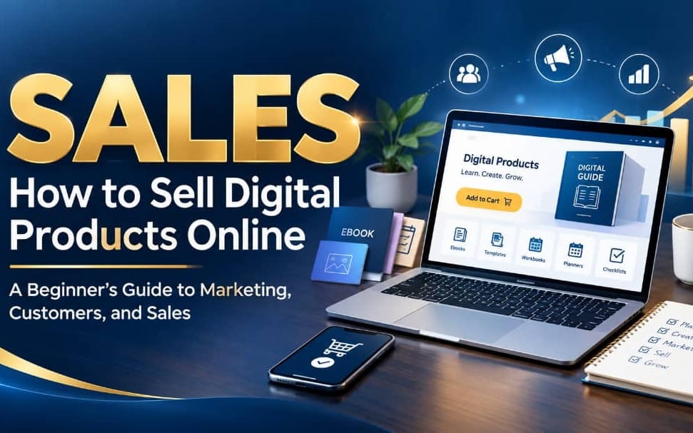 Digital marketing ebook cover with laptop, smartphone, and sales-themed graphics reading Sales How to Sell Digital
