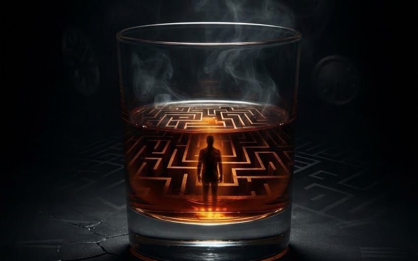 Dark cinematic digital artwork of a glass beaker with glowing liquid and maze-like patterns, The Liquid Trap