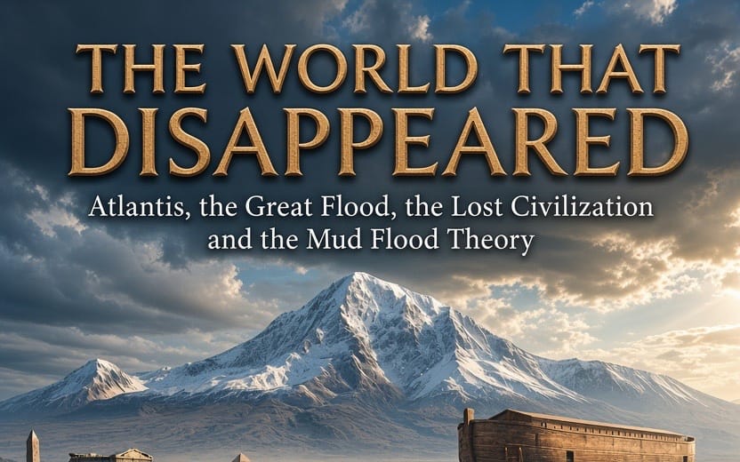 Cover art for a digital book titled The World That Disappeared with mountains, storm clouds, and settlement ruins