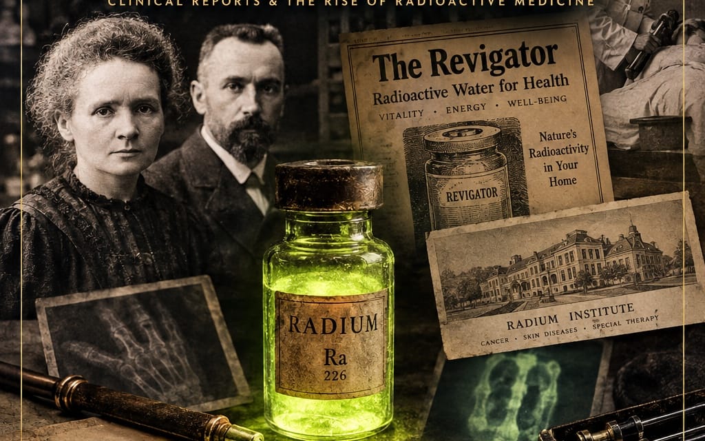 Vintage radium medicine promotional collage with bottle labeled RADIUM and archival medical advertisements