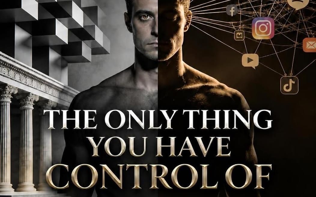 Motivational poster design with a black-and-white man portrait, social media icons, and bold text The Only Thing You