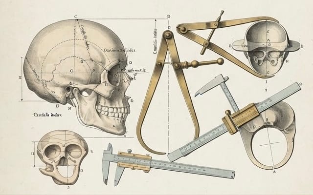 Vintage anatomical illustration showing human skull measurements and tools for a morphological variation study guide