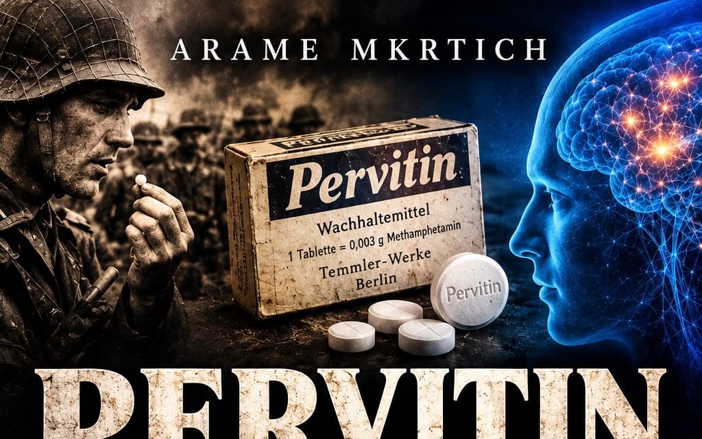 Pervitin product box and tablets with a propaganda-style soldier and brain graphic background