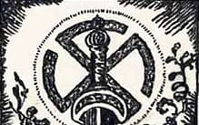 Black-and-white emblem with a sword and geometric symbols on a banner, political ideology text graphic