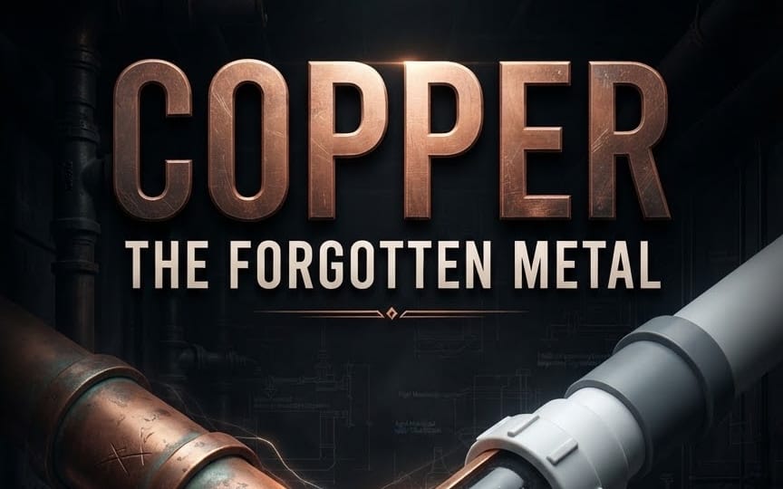 Copper themed digital banner with glowing typography reading Copper the forgotten metal