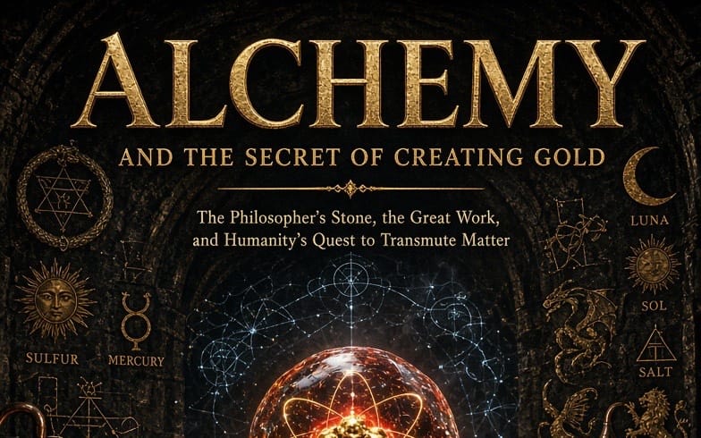 Alchemy ebook cover featuring golden title text, celestial symbols, and a glowing globe with occult diagrams