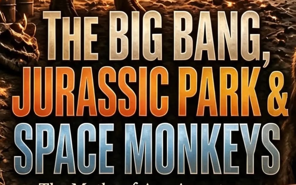 The Big Bang Jurassic Park & Space Monkeys title banner with fiery prehistoric background and dinosaur silhouettes