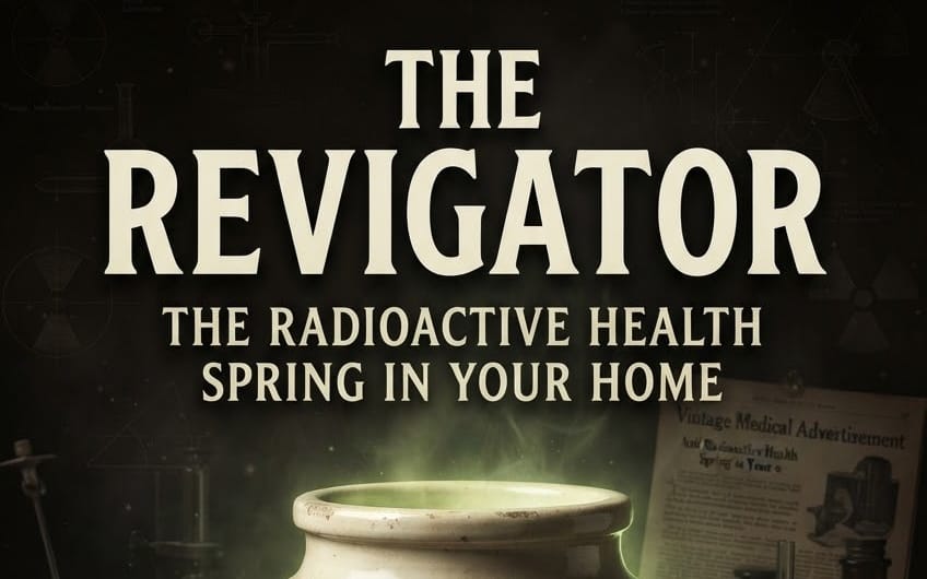 Promotional cover for The Revigator radioactive health home spring, with glowing cauldron and magazine text background