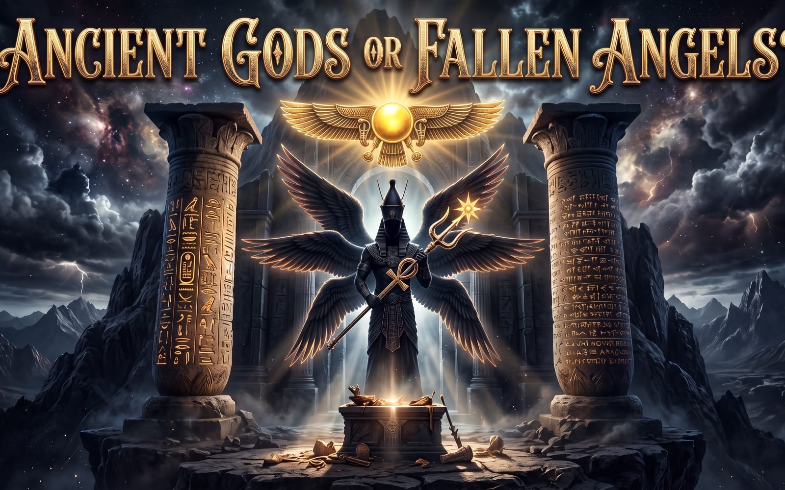 Fantasy book cover showing a winged angel figure with golden emblem, columns with ancient runes, and stormy sky