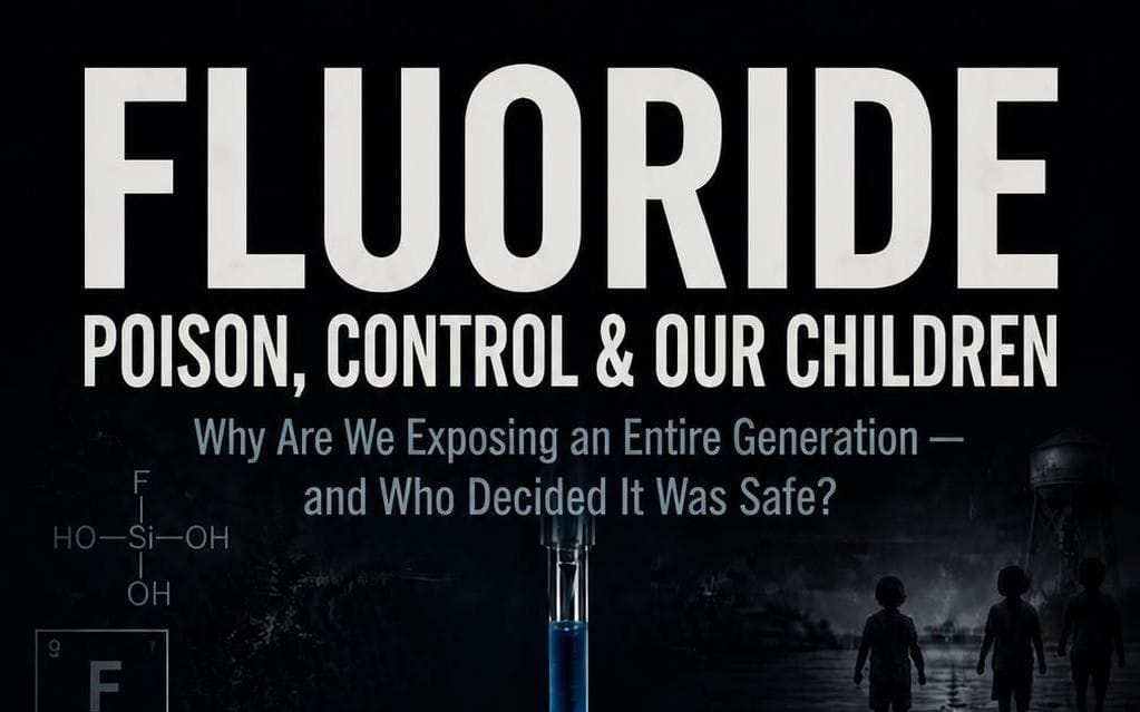 Book cover graphic about fluoride, with large text FLUORIDE POISON CONTROL & OUR CHILDREN over a dark scene