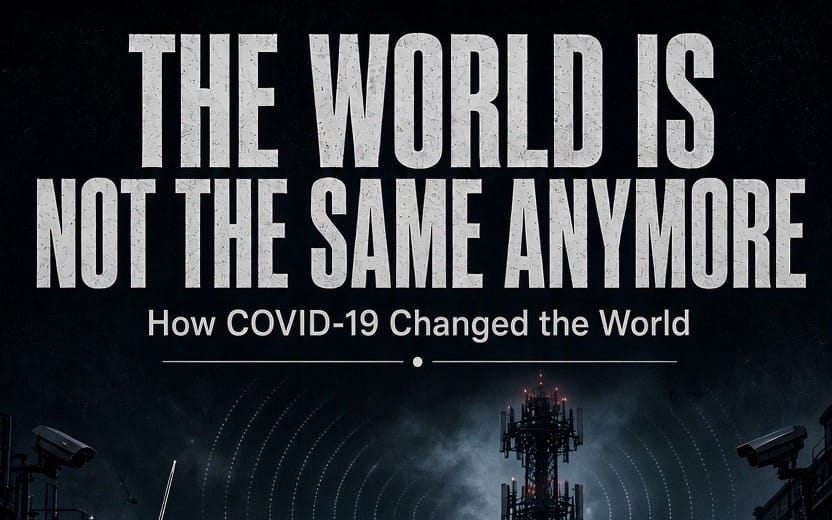 Book cover design with bold text The World Is Not the Same Anymore and futuristic city antenna imagery