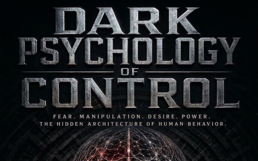 Dark psychology ebook cover with bold title Dark Psychology of Control and glowing neural globe graphic