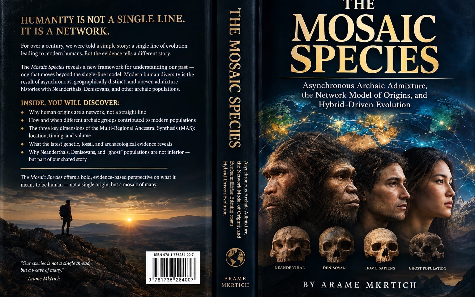 Book cover for The Mosaic Species by Arame Mktrich, featuring human faces, skulls, and a network map design