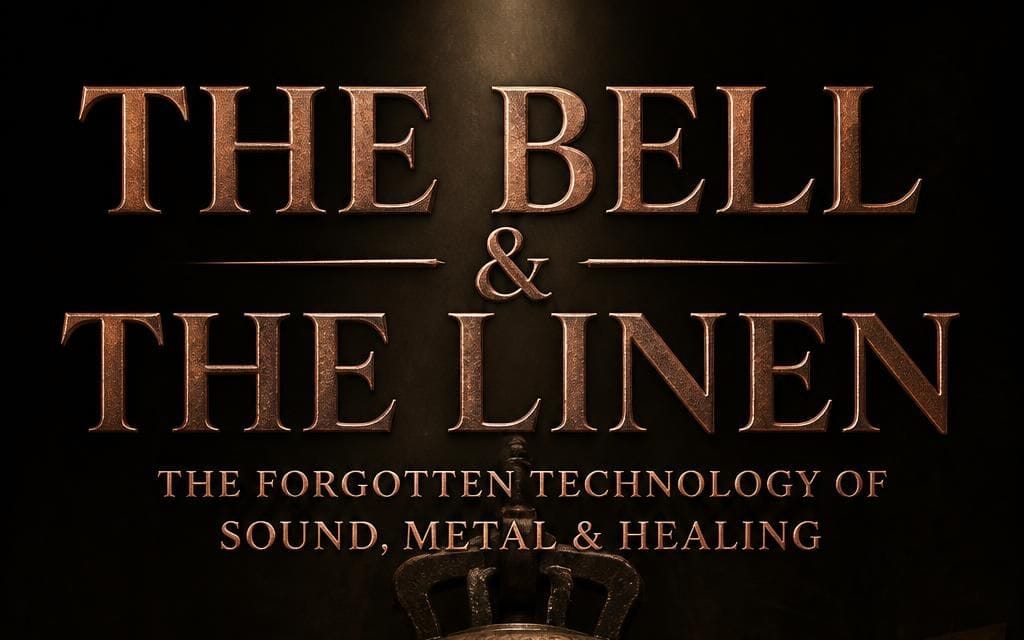 Book cover with bronze typography reading The Bell & The Linen, The Forgotten Technology of Sound, Metal & Healing