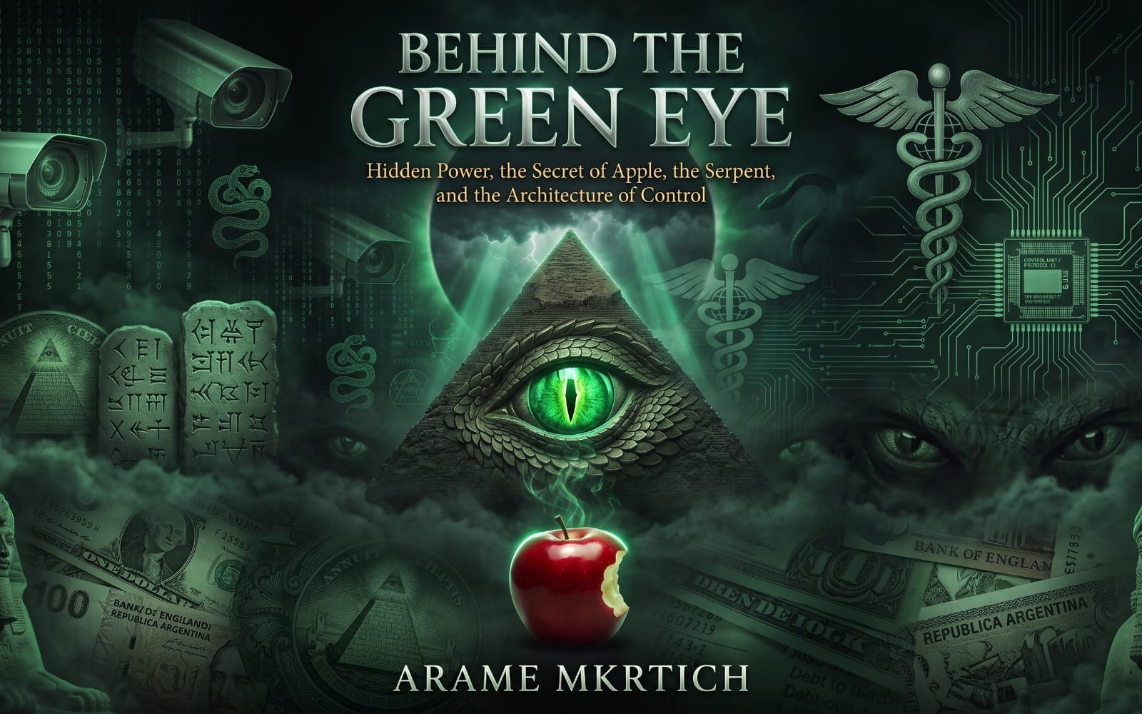Digital book cover featuring a green eye, pyramid, circuit patterns, winged serpent symbols, and an apple, text Behind
