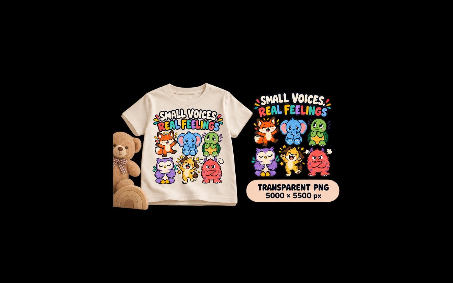 Beige kids T-shirt and transparent PNG design reading Small Voices Real Feelings with cute animal characters