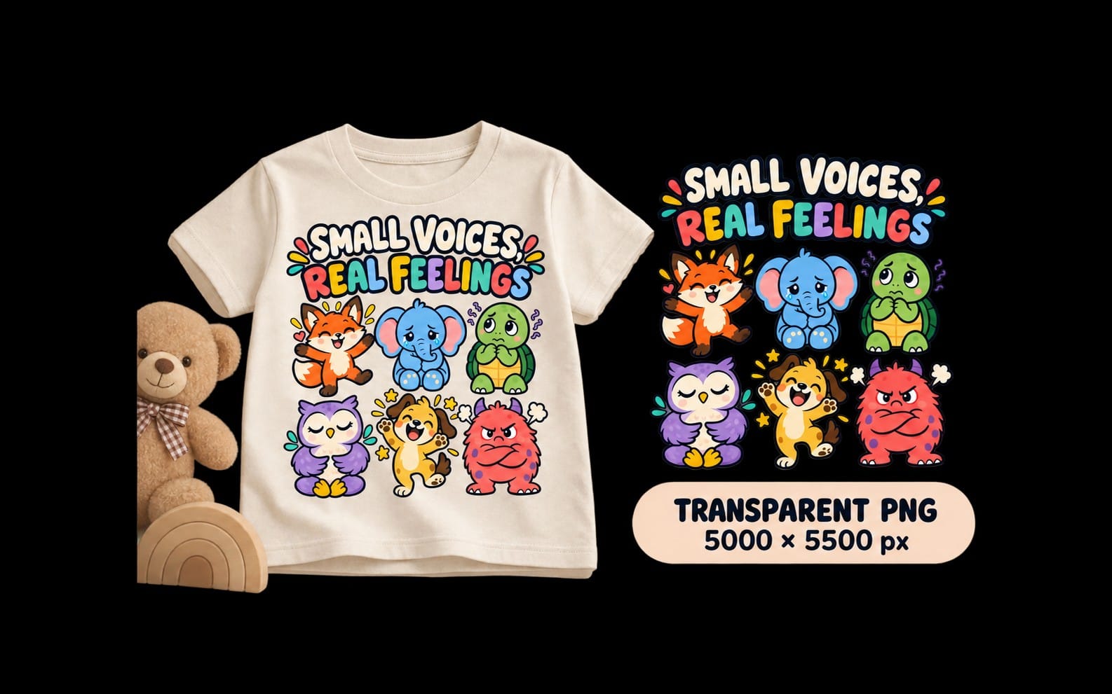 Transparent PNG graphic of cute cartoon animals with the text Small Voices Real Feelings for t-shirt design 5000x5500 px