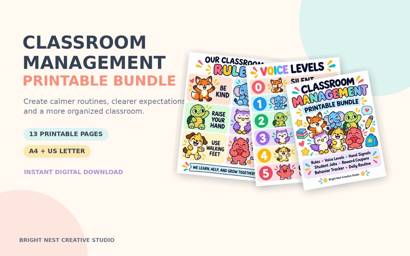 Colorful Classroom Management Printable Bundle with classroom rules, voice levels and character pages