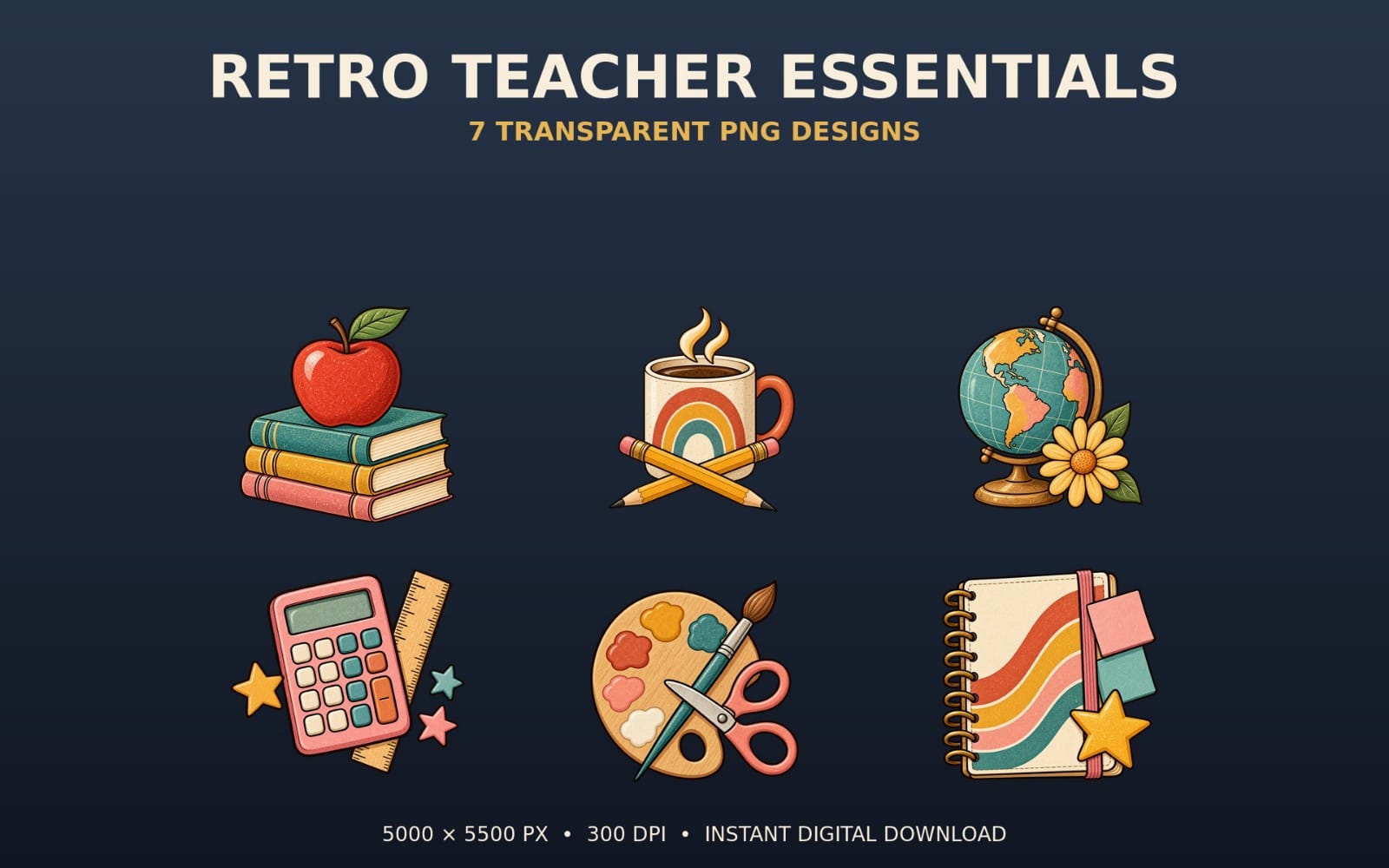 Retro Teacher Essentials bundle with seven transparent classroom PNG designs