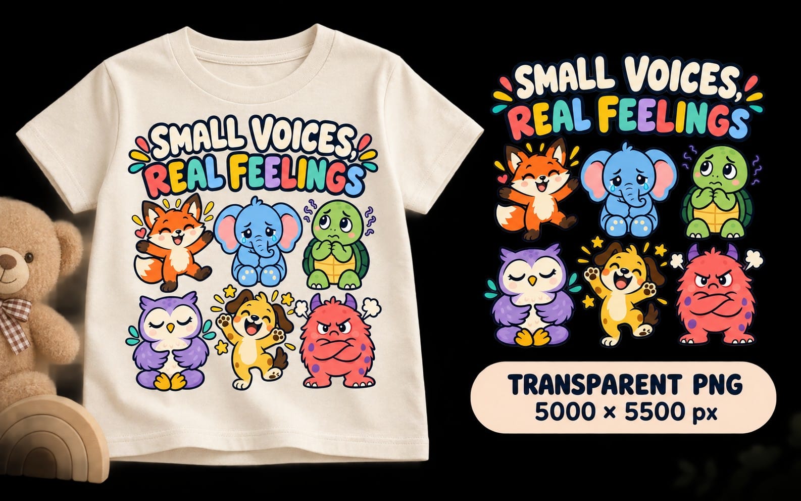 Set of colorful cartoon animal sticker PNGs with Small Voices Real Feelings text, transparent background 5000x5500 px