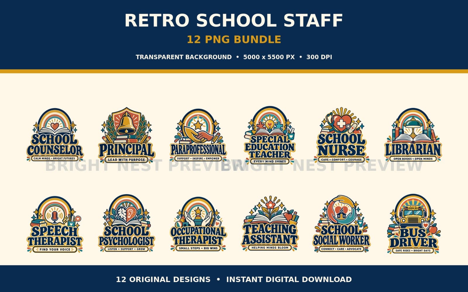 Retro school staff crest PNG bundle with 12 professional designs including principal, teacher, nurse, librarian and more