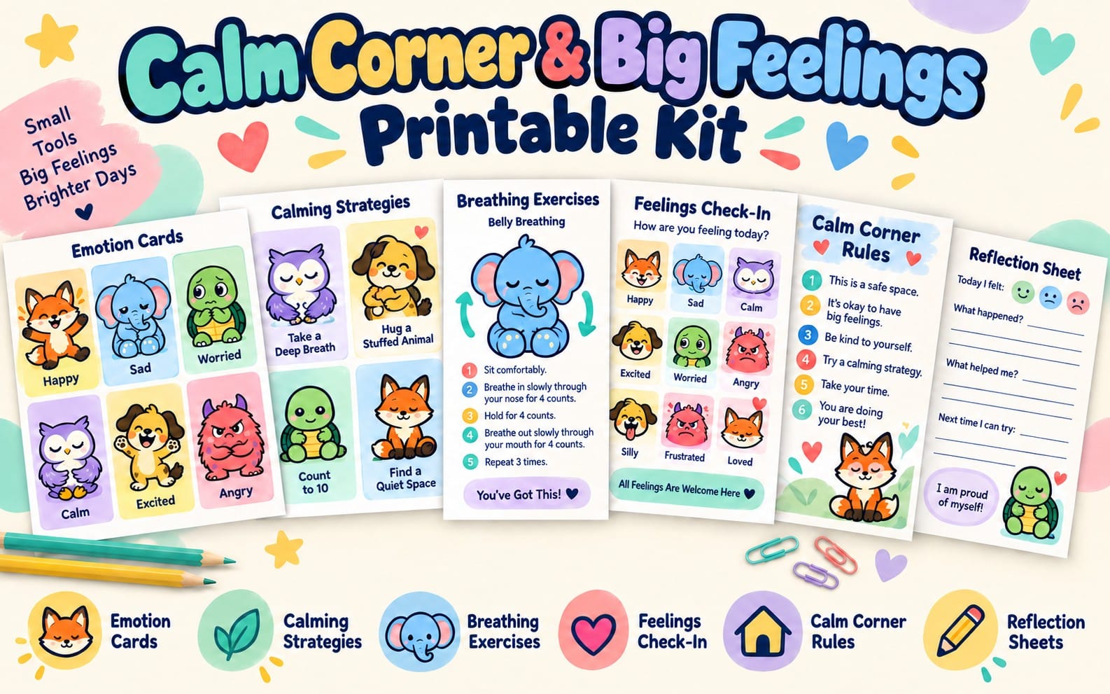 Colorful kids Calm Corner & Big Feelings printable kit layout with emotion cards, breathing exercises and reflection